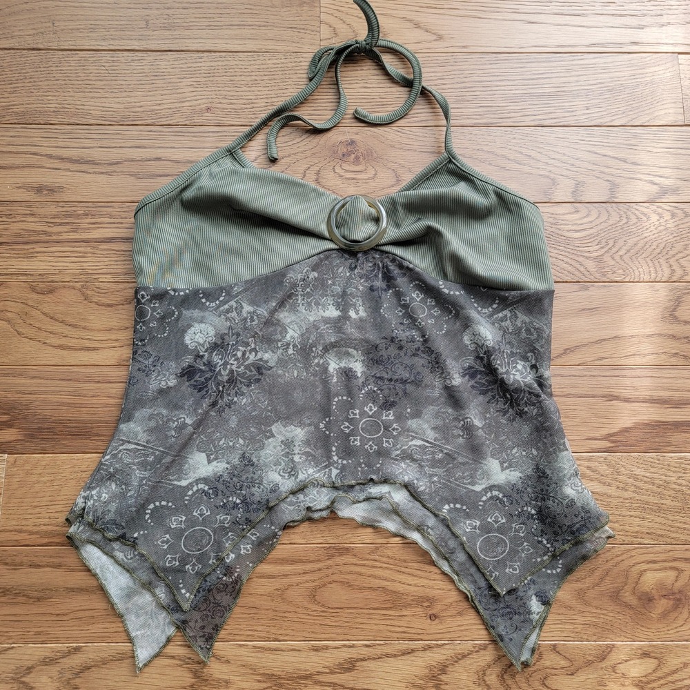 Olive Green Halter Top Mesh Handkerchief Hem O-Ring Y2K Boho Mixed Media Tank